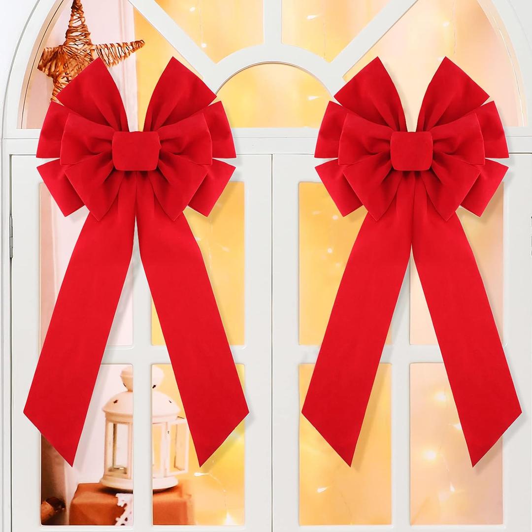 Syhood Large Red Christmas Velvet Bows 13 x 25 Inch Red Velvet Christmas Tree Hanging Bow Holiday Ornaments for Festival Home Xmas Tree Indoor Outdoor Decorations(4 Pieces)