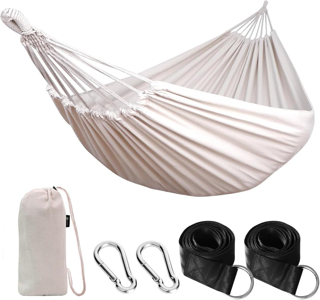 ANYOO Cotton Hammock Portable Camping Hammocks for Hanging Sturdy Garden Comfortable Fabric Hammock with Tree Straps Up to 660lbs with Travel Bag for Camping Outdoor/Indoor Patio Backyard (White)