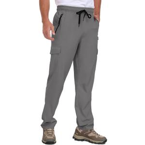Men's Hiking Pants UPF 50+ Cargo Quick Dry Water Resistant Elastic Waist Zip Pockets Travel Work Lightweight Running (Dark Gray)