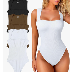 OQQ Women's 3 Piece Bodysuits Sexy Ribbed Strappy Square Neck Sleeveless Tummy Control Tank Tops Bodysuits large