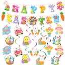 3 x 52 Pcs Easter Banner, Happy Easter Garland with Hanging Swirls, Cute Egg Bunny Sign Decorations for Office Home, Easter Party Supplies