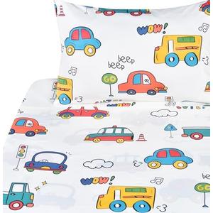 J-pinno Cars Buses Trucks Transport Vehicle Cute Twin 100% Cotton 3 Pieces Sheet Set for Kids Girls Children, Flat Sheet + Fitted Sheet + Pillowcase Bedding Decoration Gift Set