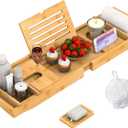 Bamboo Bathtub Tray for Luxury Bathroom, Expandable Premium Bath Tray w/Soap Towel Book Holder, Adjustable Bath Accessories for Tub,Extendable Tub Tray w/Wine Glass Cup Organizer 29.5"-43.3" Nature (Beige)