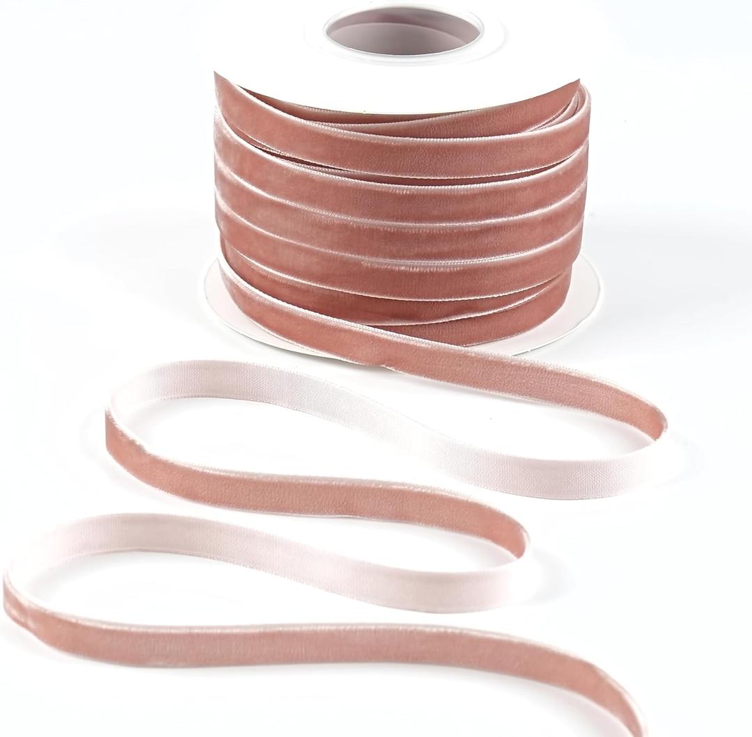 DINDOSAL Dusty Pink Velvet Ribbon 3/8 Inch Single Face Thin Dusty Rose Velvet Ribbon for Gift Wrapping, Christmas Decorations, Wedding, Hair Bows, Choker, Cafts, 25 Yards