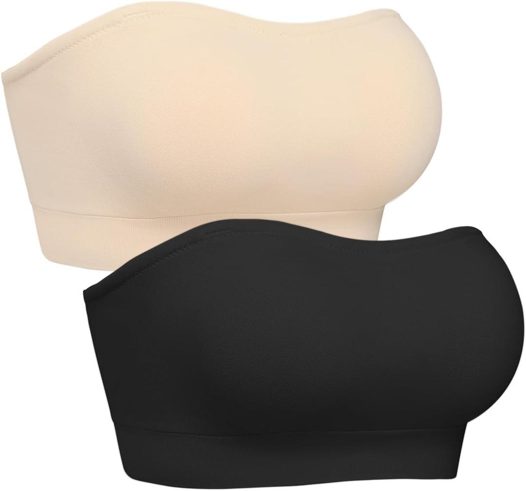Strapless Bras for Women, S-XL, Non-Slip Silicone Padded Bandeau Bra with Free Clear Strap, Wireless Tube Top Bralette