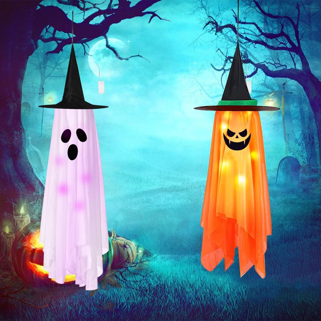 Halloween Decorations, 2 Pack Pre-Installed Lighted Pumpkin Ghost Witch Halloween Decor, Outdoor/Indoor Cute Hanging Decorations Ornaments for Party Wall Yard Tree Porch Home Lawn