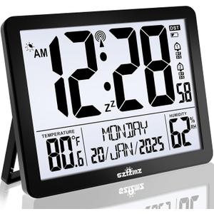 Atomic Digital Wall Clock Battery Operated with Backlight, Desk Clocks with Indoor Temperature & Humidity, 8.5" Small Alarm Clock with Date and Day of Week for Bedrooms, Living Room, Auto DST, Black