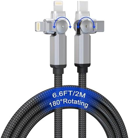 90 Degree USB C to Lightning Cable with 180°Swivel Connector 6.6FT [MFi,3A,Carplay,Data] Rotating iPhone Charger Fast Charging Right Angle Lightning Cable for Apple Carplay iPhone 14 13 12 11 X iPad