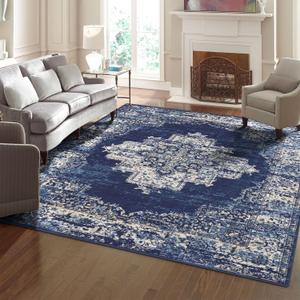 vivorug 9x12 Area Rugs for Living Room, Non Slip Machine Washable Vintage Navy Blue Rug, Ultra-Thin Lightweight Large Area Rug for Bedroom, Dining Room, Low Pile Rug