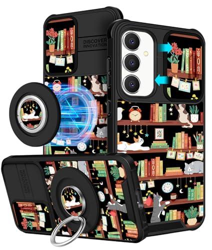 Funermei 【2in1 for Samsung Galaxy S23 FE Case Women Cute Girls Phone Cover Girly Cat Book Aesthetic Unique Design Camera Cover Compatible with MagSafe Ring Holder Stand Case for Galaxy S23 FE 5G 6.4"