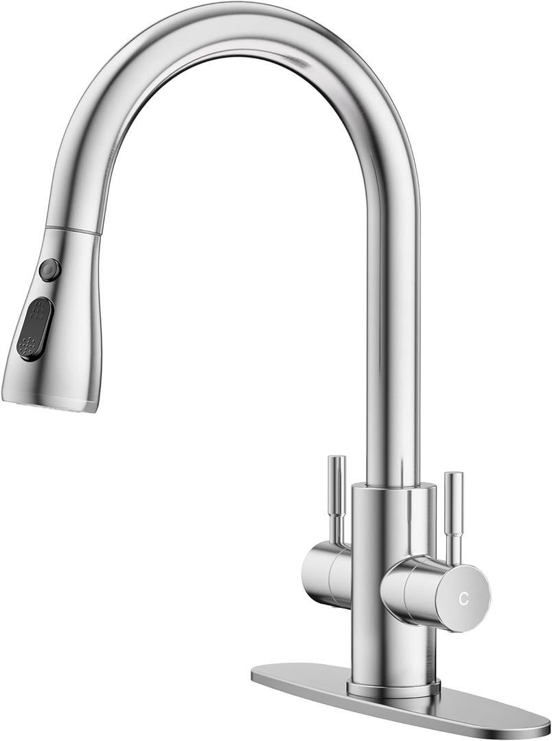 Hurran Kitchen Sink Faucet with Pull Down Sprayer, 2 Handles High Arc Stainless Steel Kitchen Faucet with Escutcheon, Suitable for Kitchens, RVs, and Bars, Brushed Nickel