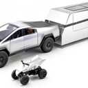 Monster Cyber Style Truck Alloy Toys with Metal Trailer and Motorcycle Pull Back Pickup Comper Model with Sound and Light Effect Ideal Charistmas Gift Race Car Age for 3+ (Silver Set)