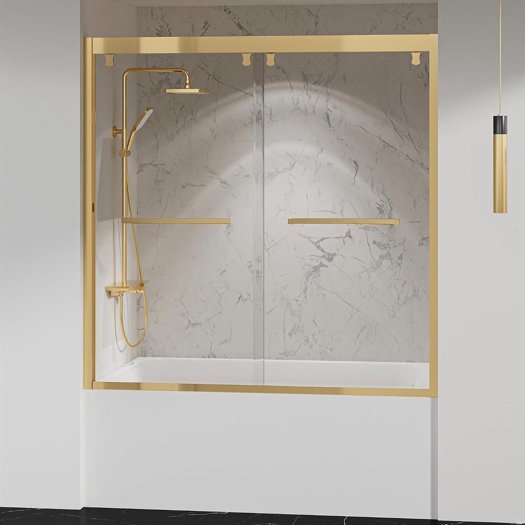 Bathtub Double Sliding Door 55-59 in,Semi-Frameless Double Sliding Tub Shower Door,Glass Shower Doors for Tub,with 5/16"(8mm) Clear Tempered Glass,Silent Soft-Close Design,Stainless Steel,Gold