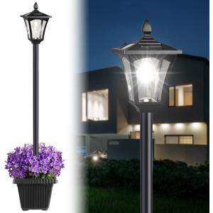 64" Solar Lamp Post Light, Light Outdoor Waterproof with Planter, Pole Outside for Porch Yard Driveway Garden Patio Decor, Cool White