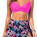 Yonique Women's Underwire Bikini with Swim Skirt - 2026 Tummy Control Two Piece Bathing Suit High Waisted Push Up Swimwear (Pink and Floral) Small