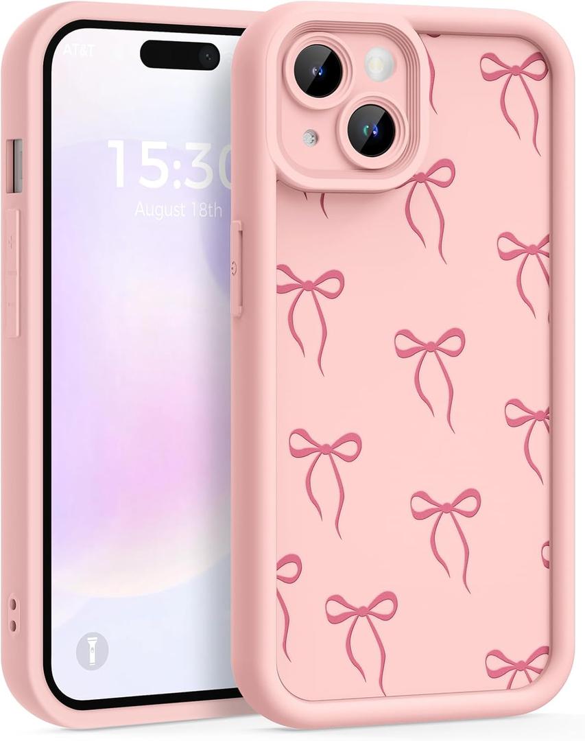 Case for iPhone 14, Pretty Pattern Design for Girls Women Silicone Cover, Soft TPU Material, Thicker Frame Shockproof Protective Girly Case for iPhone 14 (Pink Bow)