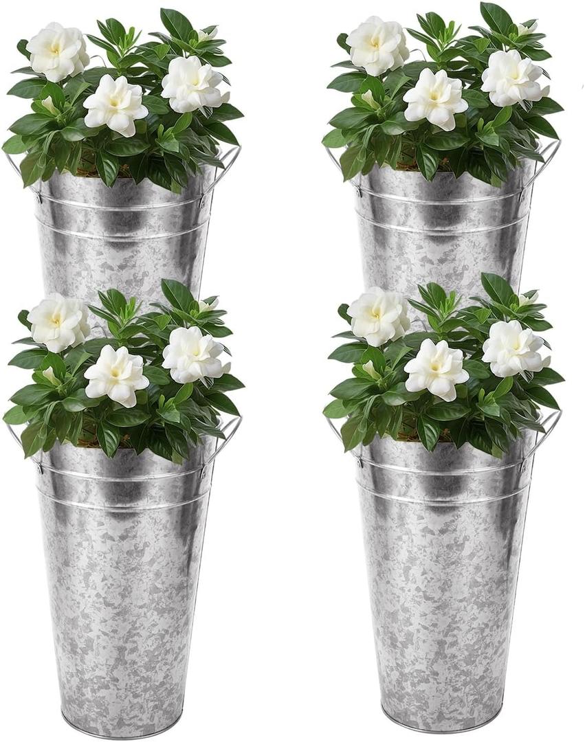 4PCS Galvanized Flower Bucket 12 inch Metal Vases for Flowers Large Galvanized Flower Bucket Vases Silver Galvanized Metal Flower Vases for Home Decor and Wedding Table Decoration
