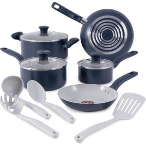 T-Fal Ceramic Nonstick Cookware Set, Oven Safe Up to 350F, 12-Piece, Includes Stockpot, Frying Pans, Utensils, Ceramic Pots and Pans Set, Dark Blue