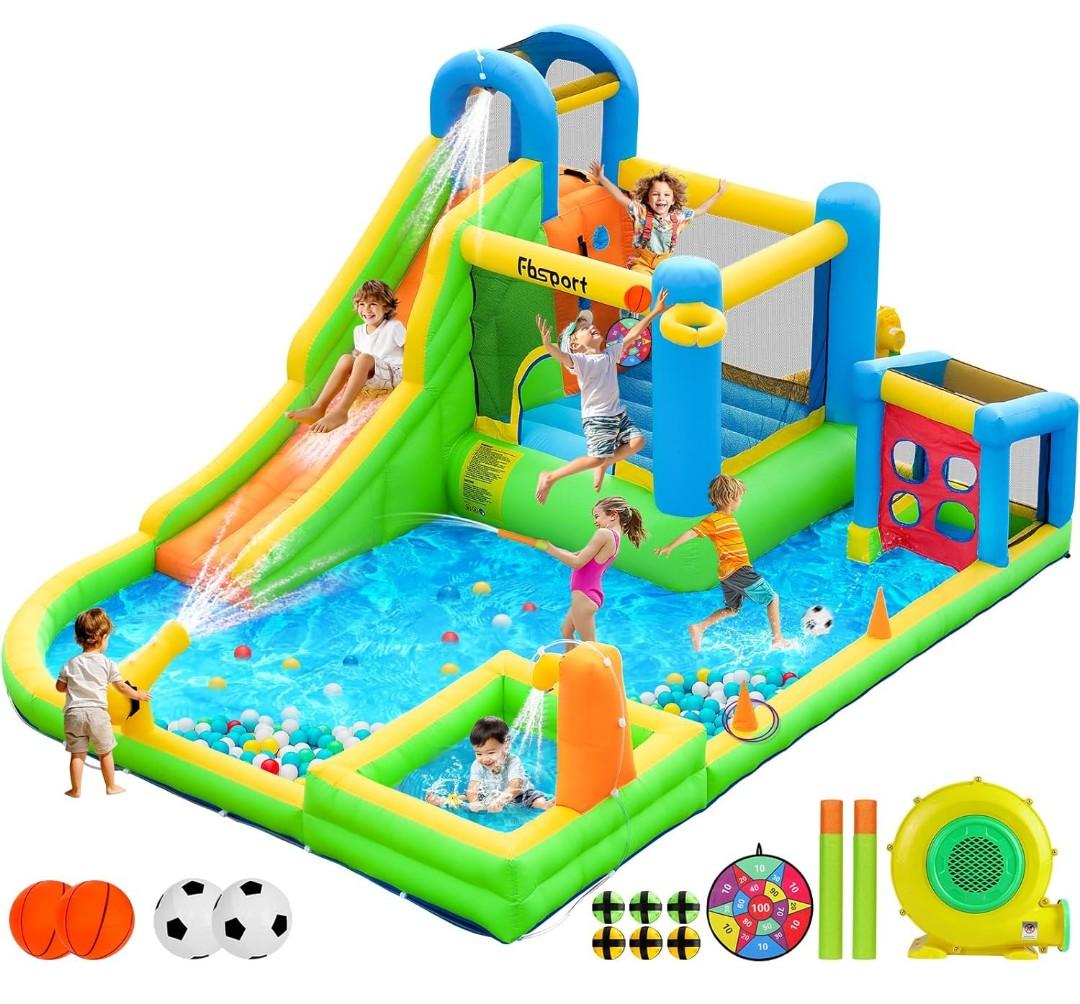 FBSPORT Inflatable Bounce House Water Slide, Bounce House for Kids Indoor Outdoor Bouncy House with 550W Blower, Bounce Castle with Slide Ball Shooting, Water Gun, Splash Pool, Bounce Area, Hose