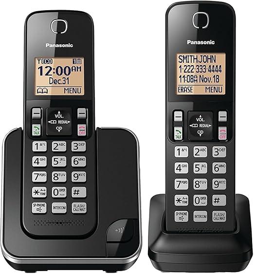 Panasonic Cordless Phone 2 Handsets System Expandable with Amber Backlit Display – KXTGC352B (Black)