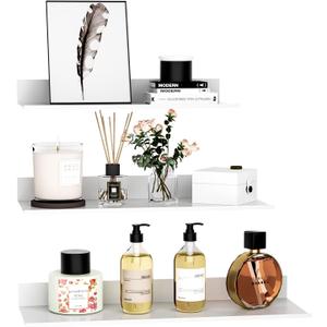 White Floating Wall Shelves for Bedroom, Modern Bathroom Shelves Wall Mounted No Drilling Set of 3, Metal Small Decor Floating Shelf for Living Room Office