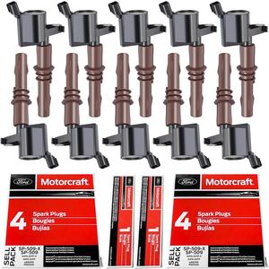 MAS Set of 10 Performance Ignition Coils Pack & OEM Motorcraft Spark Plugs SP509 Compatible with Ford F250 F350 F450 F550 Super Duty F650 F750 F53 F59 6.8L V10 Replacement for 8L3Z-12029-A C1659 DG521