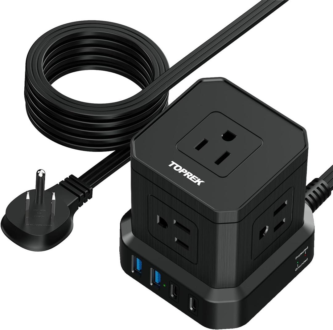 TOPREK Power Strip Surge Protector (700J), 10 FT Flat Extension Cord with 5 Outlets, 2 USB-C & 2 USB-A, Power Strip with USB for Home, Office, Dorm, Hotel, Travel, Compact Desk Charging Station