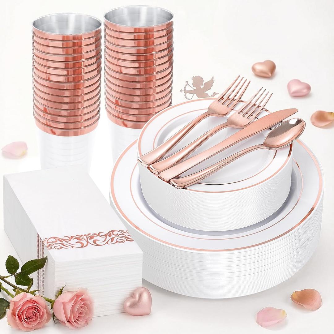 Supernal 200pcs Rose Gold Plastic Dinnerware included Disposable Flatware& Plastic Party Plates Disaposable Cups and Napkins,Perfect for Valentine's Day Mother's Day and Easter