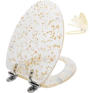 Angol Shiold ELONGATED Gold Resin Toilet Seat Soft Close Quick Release Adjustable Hinges Easy Clean Heavy Duty Toilet Seats Decorative Acrylic Seats (19 Inch, Gold Foil, Upgraded hinge)
