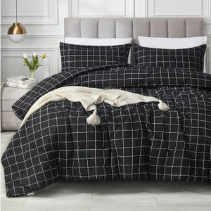 Andency Black Grid Comforter Set Twin Size (66x90 Inch), 2 Pieces(1 Grid Comforter and 1 Pillowcase), Summer Lightweight Microfiber Down Alternative Black Comforter with White Lines for Kids Girls