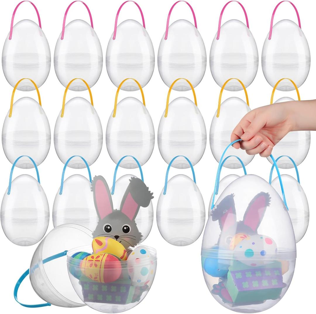 Suzile 18 Pcs Giant Easter Eggs 10 Inch Jumbo Fillable Eggs Shaped Baskets with Handles Plastic Extra Large Easter Containers Stands Upright for Holiday Hunt Decoration