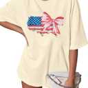 4th of July Shirts Women Patriotic Shirt Oversized American Flag Bow Tshirt Independence Day Short Sleeve Tee Tops, XXL