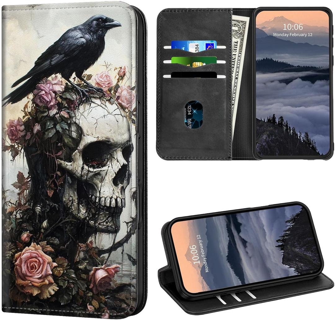 for Samsung Galaxy S25 Ultra Wallet Case 6.9" with [RFID Blocking] Credit Card Holder Kickstand Strong Magnetic PU Leather Flip Folio Card Slots Protective Phone Cover for Women Men, Crow Skull