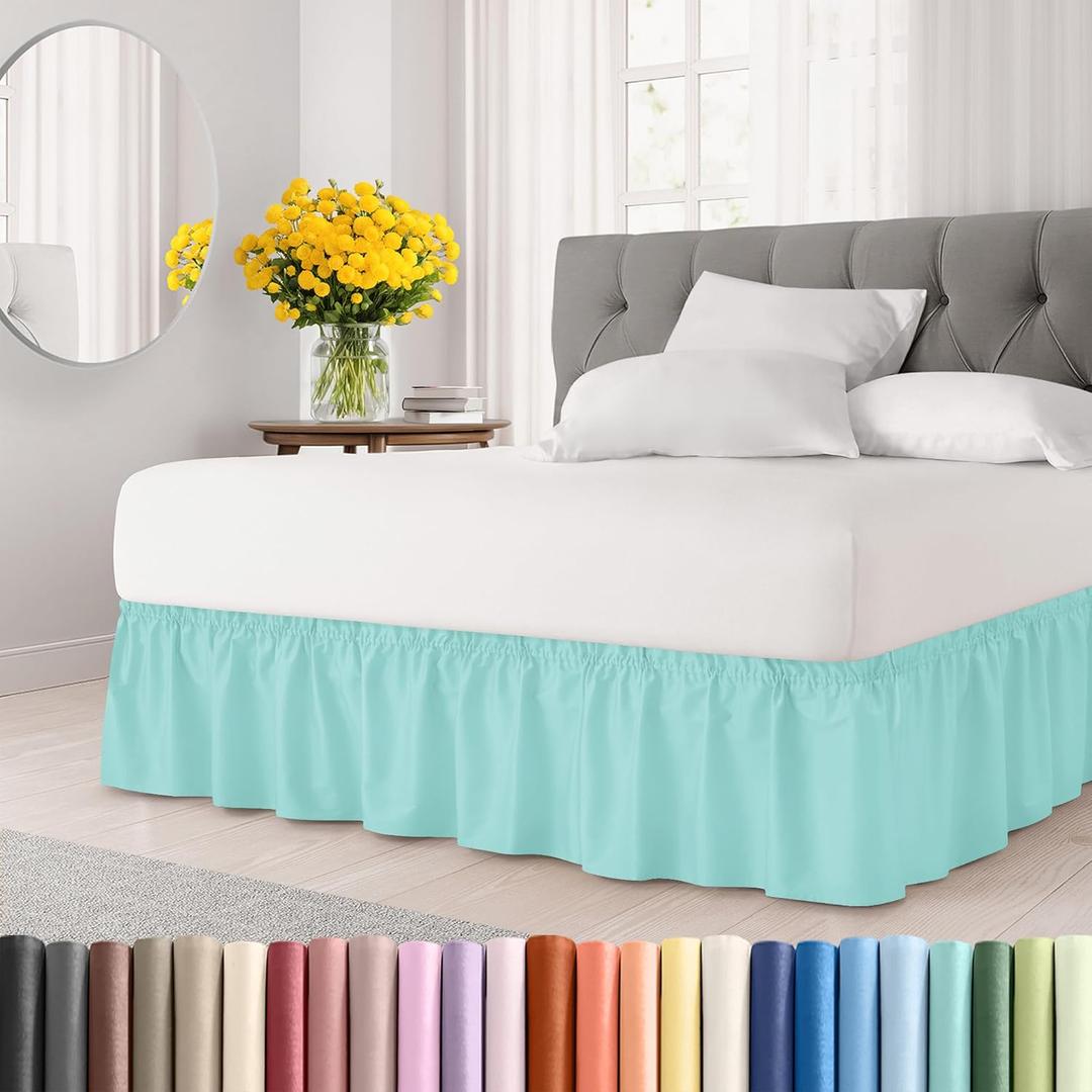 Wrap Around Dust Ruffle Bed Skirt - Spa Blue - for Queen Size Beds with 15 Inch Drop - Elastic Strap - Adjustable Pleated Bedskirt with Brushed Fabric and Wrinkle Free - for Women, Men, Kids & Teens