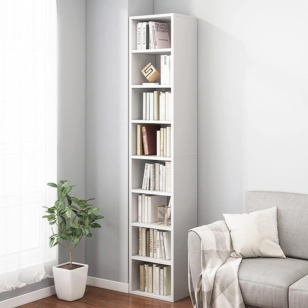 IOTXY Small Narrow Corner Bookcase - 71 Inches Tall Gap Freestanding Storage Cabinet, 8 Lattices Open Shelves Tower Rack, Cubes Bookshelf in White