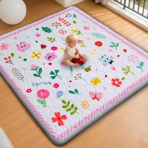 Baby Play Mat for Floor, 50'' x 50'' Thicken Foam Soft Padded Mat for Baby, Playpen Mat for Toddlers Infant Kids, Machine Washable, Non-Slip Bottom Safe for Crawling (Flower)