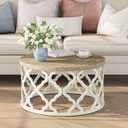 Farmhouse Coffee Table, French Country Round Coffee Table, Coastal Coffee Table with Distressed Top, Boho Center Table with Curved Motif Frame Base for Living Room, Dining Room, Bedroom, Cream Beige, 30 inches x 30 inches x 16 inches
