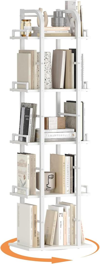 YATINEY 5 Tier Rotating Bookshelf, Freestanding Corner Bookshelf, 360 Spinning Bookcase Tower, Tall Industrial Style Organizer, Storage Shelf Bookcase for Living Room, Study, White SJ02WW