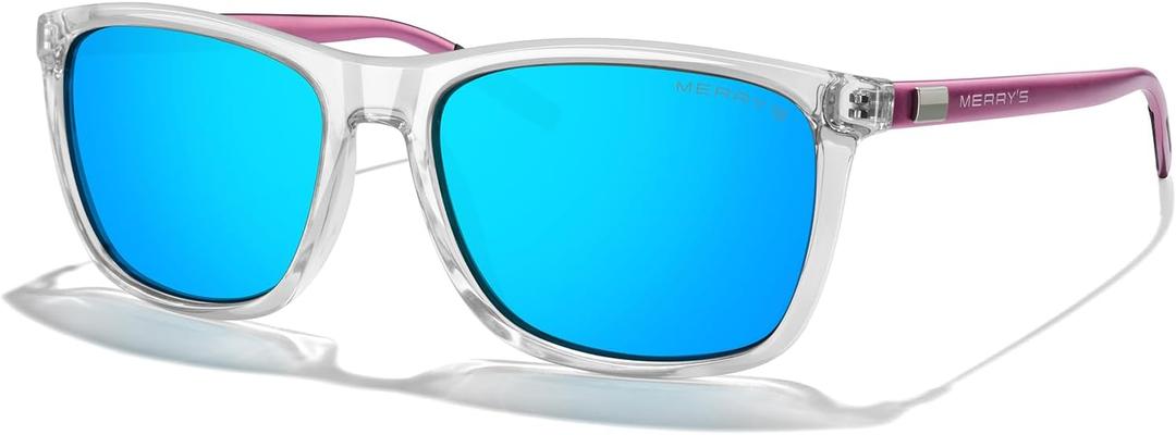 MERRY'S Unisex Polarized Aluminum Sunglasses Vintage Sun Glasses For Men/Women S8286 (Transparent Frame/Blue Mirror Lens/Pink Temples)