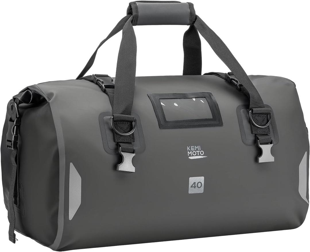 KEMIMOTO Waterproof Motorcycle Dry Bag – Duffle Tail Bag Soft Luggage, 40L Large Capacity with 4 Quick-Release Straps, Dustproof for Touring, Adventure, Motorcycling & Camping Grey, 40L