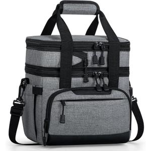 Large Lunch Box for Men/Women Dual-Compartment Insulated Lunch Bag,Adults Expandable Leakproof Cooler Bag Lunch Tote with Adjustable Shoulder Strap for Work Camping Picnic, Grey 24-Can(14L) (Large(Double Deck), 