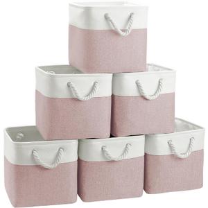 FinishingBo Cube Storage Bins, 6 Pack 11x11 inch with Cotton Handles for Closet, Shelves, Clothes, Towel (White/Pink)