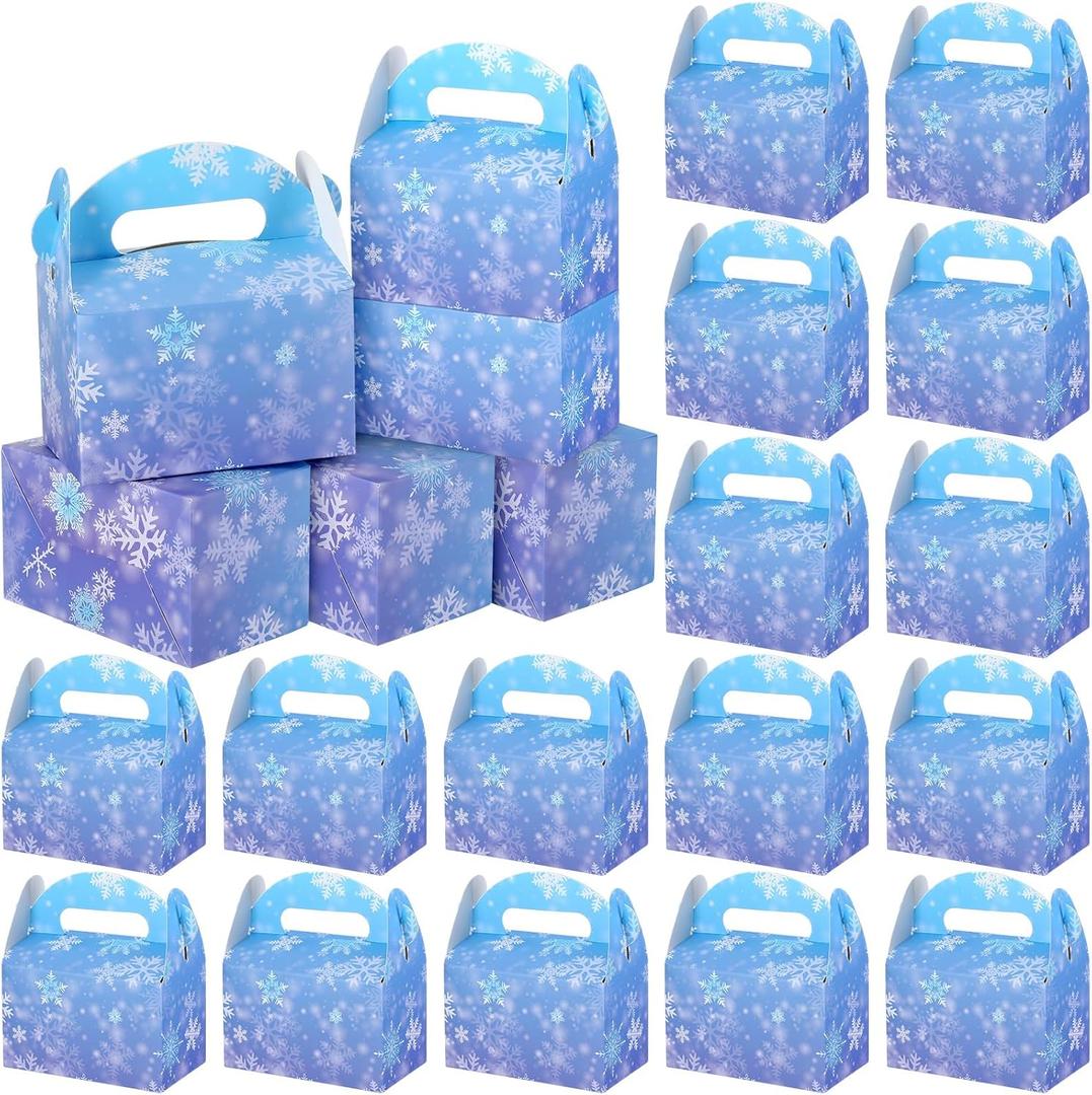 ReliThick 24 Pcs Snowflake Party Favor Bags Boxes Blue and Purple Snowflake Paper Gift Boxes Candy Treat Goodie Bags for Winter Themed Wonderland Birthday Party Supplies Decorations