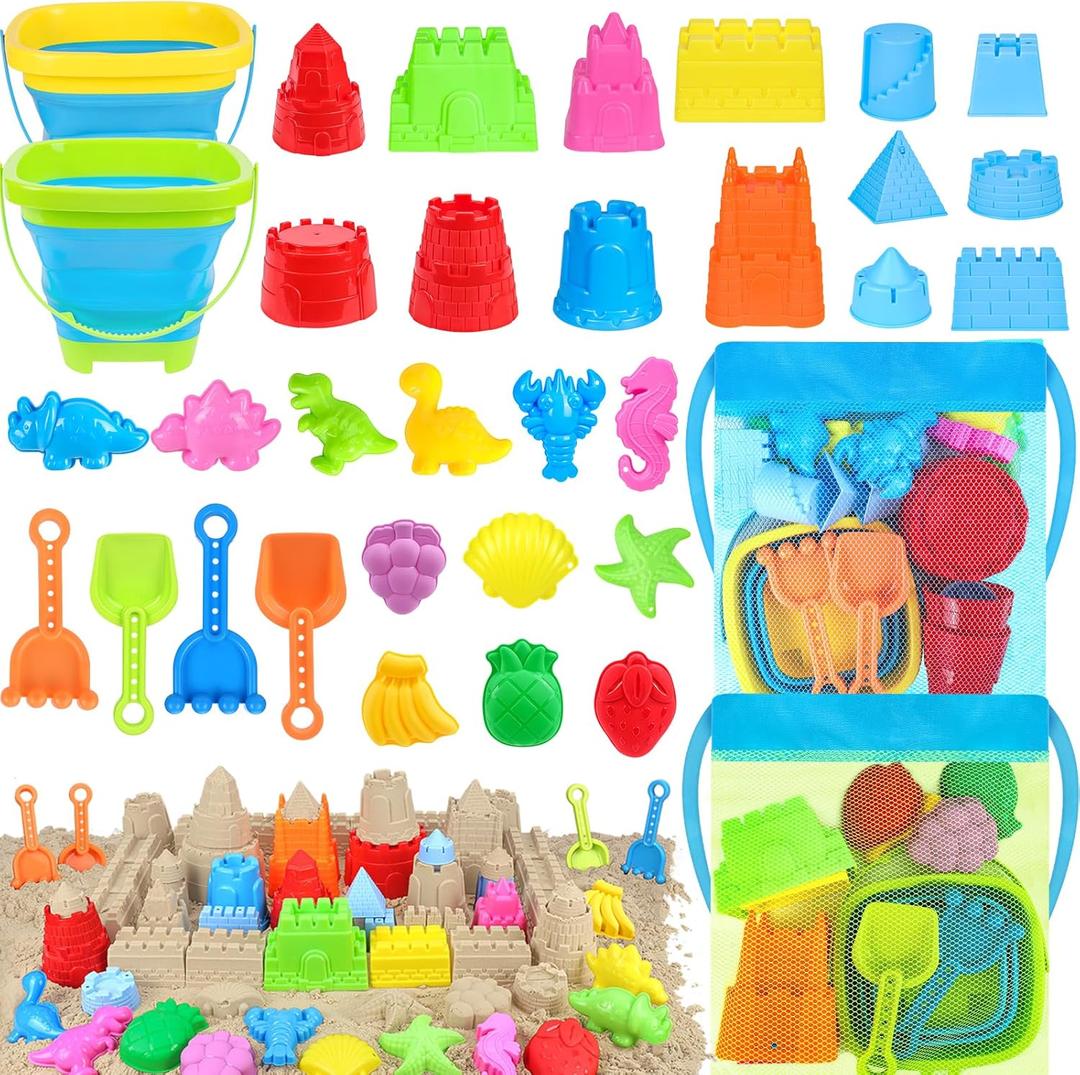 Collapsible Beach Toys Set for Kids Toddlers, Travel Beach Sand Castle Kits with Mesh Bag & Molds, Collapsible Sand Bucket and Shovel Set, Sandbox Toys for Toddlers Kids Age 3-12