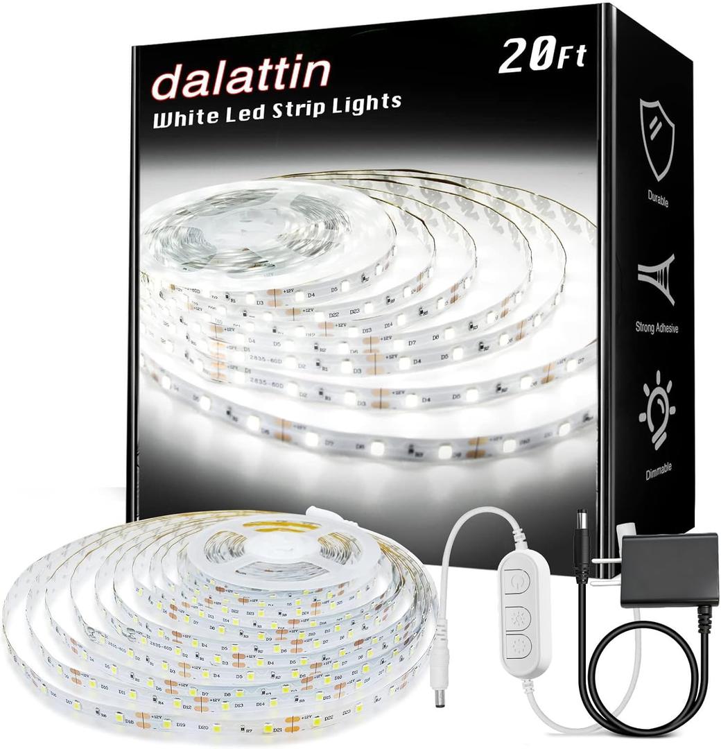 Dalattin White LED Strip Lights, 20ft Dimmable Super Bright 24V Led Tape Light 6500K 360 LEDs Lights for Bedrooms, Mirror, Kitchen, Home Decoration Daylight White
