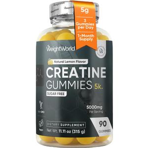 WeightWorld Sugar Free Creatine Gummies 5g (5000mg) | Pre & Post Workout Gummy | 90 Vegan Creatine Monohydrate Gummies for Men & Women (1 Month Supply) - 3 per Day | Non-GMO, Natural Lemon Flavor, BBD: 12/2027