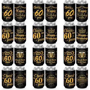 60th Birthday Decorations for Men Women, 60th Birthday Party Supplies, 60th Birthday Neoprene Can Cooler Sleeves Pack of 12, Black Gold Sixty Year Old Birthday Party Favors