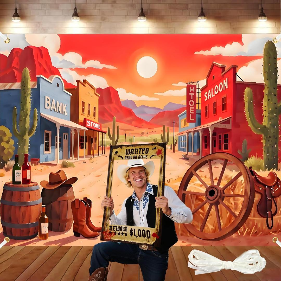 8X6ft Large Cartoon Desert Backdrop Wild West Desert Sand Cactus Photography Background Western Rodeo Birthday Party Decoration with 32.8Ft Ribbon and Wanted Photo Booth