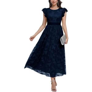 Women's Casual Tulle Midi Dress Ruffle Sleeve Crewneck Lace Flowy Dresses Party Wedding Guest Sundress