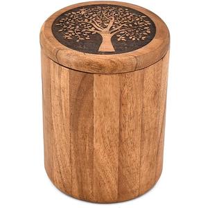 Kimona Acacia Wood Storage Jar with Lid  Tree of Life Engraved Round Wooden Canister for Kitchen Storage (4.5 x 4.5 x 6 Inches)